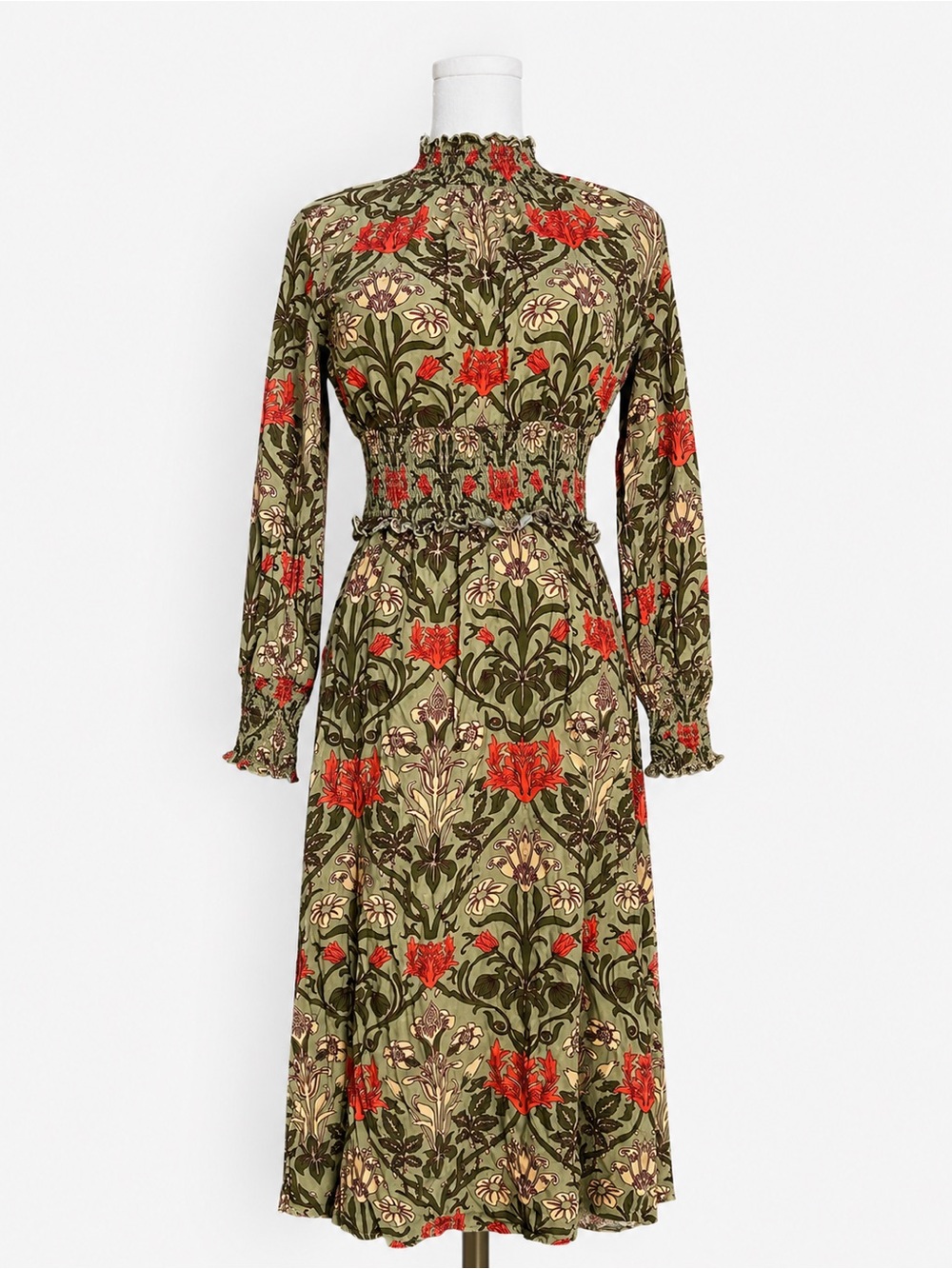 Boho Botanical Floral Smocked Waist Midi Dress Cottagecore Prairie Olive XS - Picture 2 of 7